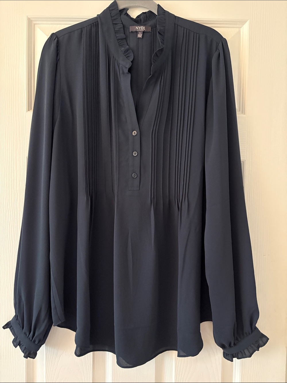 NYDJ Navy Pintuck Ruffle-Trim Button Down Blouse